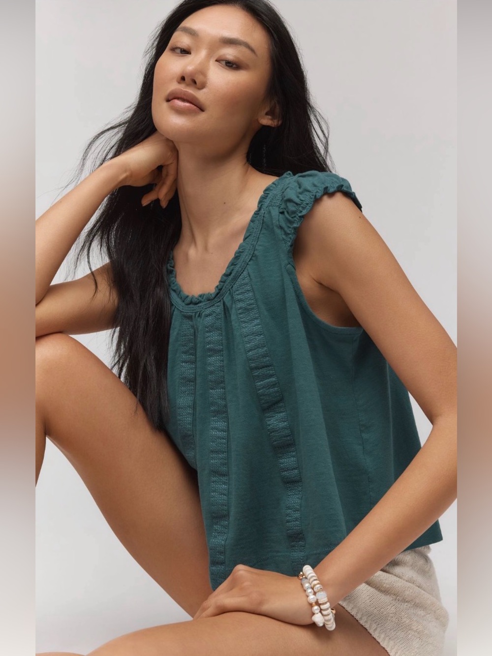 By Anthropologie Ruffle Shoulder Swing Tank, Size L